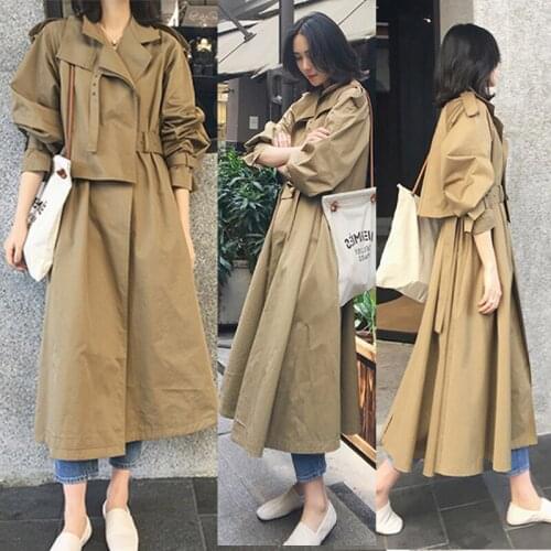 Womens Korean Version Loose Long Over The Knee Trench Coat Belted With Flaps Spring Autumn Lady Large Size Windbreaker Female