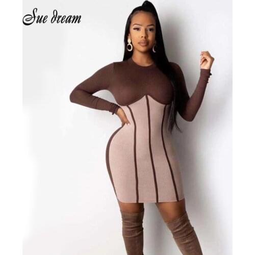 Summer Womens Sexy Long Sleeve Patchwork Striped Brown Mini Bodycon Bandage Dress 2021 Elegant Party Dress Vestidos