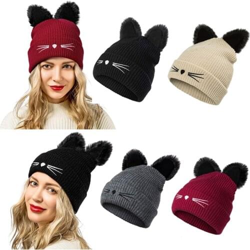 Winter Fashion Cat Ear Knitted Hat Warm Beanies Cap for Women Embroidered Warm Knit Crochet Beanies Wool Skull Cap Accessories