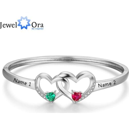 Personalized Silver Color Intertwined Heart Bracelets & Bangles with 2 Birthstones Customized Engrave Name Bracelets for Women