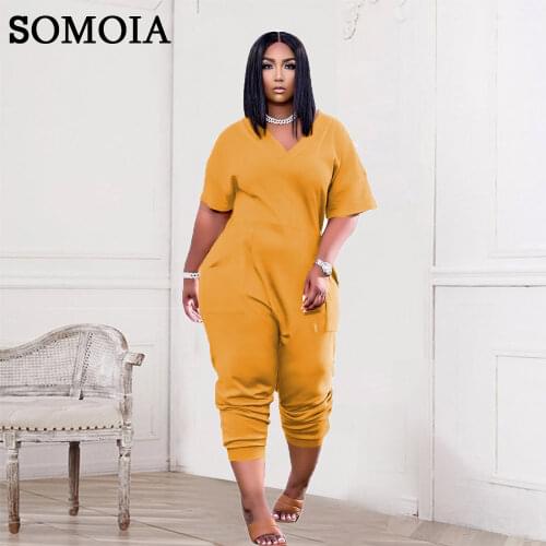 5 XL Plus Size Jumpsuit Fashion Pocket Sexy V Neck Casual High Street Solid Color Trousers One Piece Womens Clothing Wholesale