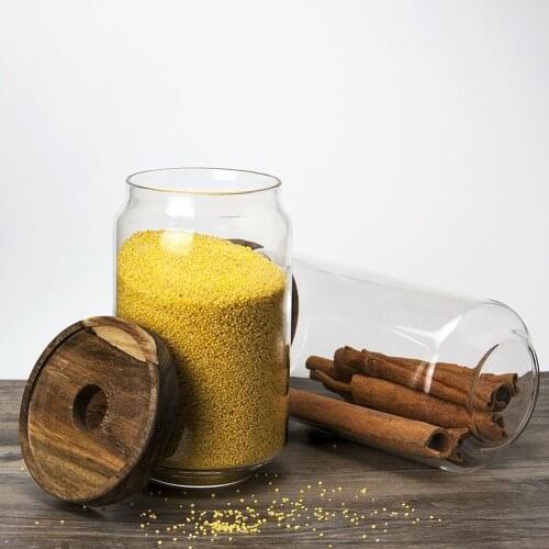 Kitchen Storage glass Bottle with wooden Airtight Seal Lid Store Food Candy Classification Storage Jar box packaged Set