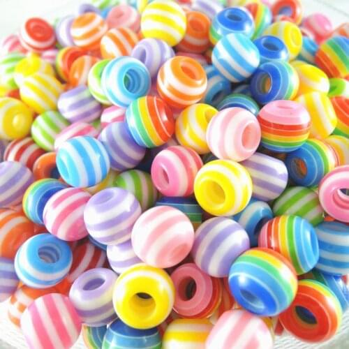 Fashion 8*10mm 3mm hole Mixed Colors Large hole Round stripe Resin Acrylic Ball DIY Beads For Making Necklace Bracelets Beads