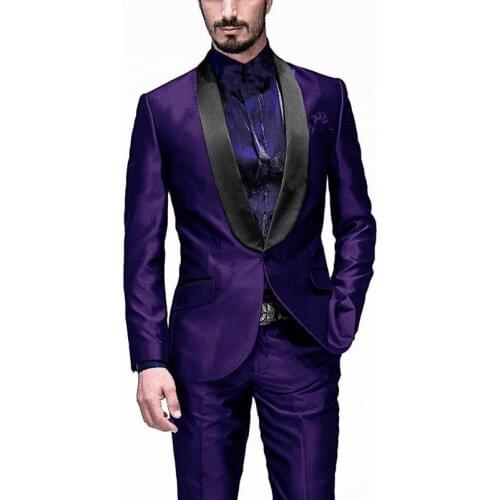 Custom Made Men Suits Shiny Purple Groom Tuxedos Shawl Black Lapel Groomsmen 2 Pieces Wedding Best Man ( Jacket+Pants+Tie ) C990