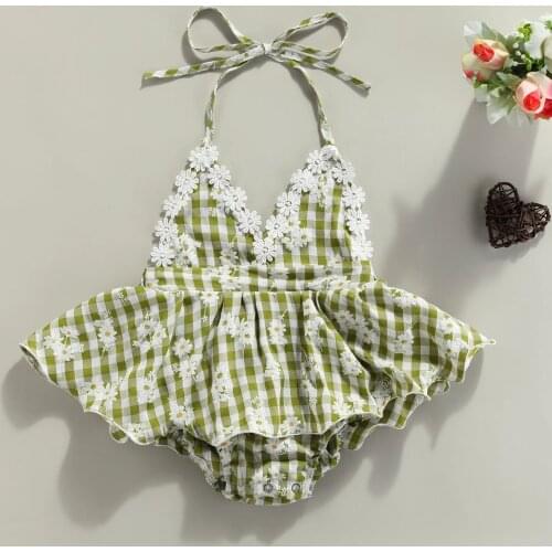0-24M Summer Flower Baby Girl Rompers Newborn Infant Girls Lace Plaid Jumpsuit V neck Clothing Outfits