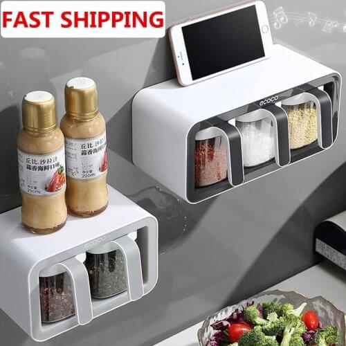 Wall Mount Spice Rack Organizer Sugar Bowl Salt Shaker Seasoning Container Spice Boxes With Spoons Kitchen Supplies Storage Set