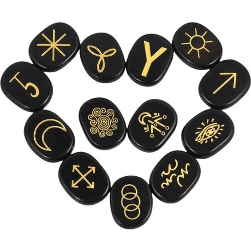 TUMBEELLUWA Natural Witches Runes Stones Set of 13 ,Healing Crystal with Engraved Gypsy Reiki Symbols for Meditation Divination