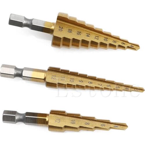 OOTDTY 3Pcs 4-12/20mm 3-12mm HSS Steel Step Cone Titanium Coated Drill Bit Hole Cutter