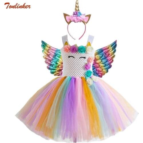 Halloween Unicorn Dress For Children Kids Birthday Party Dress With wings headband Girl Formal prom Girls Princess Dress headdre