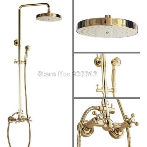 Bathroom Luxury Gold Color Brass Rain Shower Faucet Set + Wall Mounted Dual Handles Mixer Tap with Handheld Shower Head Wgf325