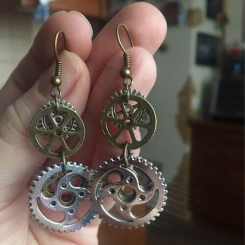 Vintage Mechanical Gear Drop Earrings Two Tone Double Layer Hallow Out Dangle Earrings for Women Steampunk Gothic Party Jewelry