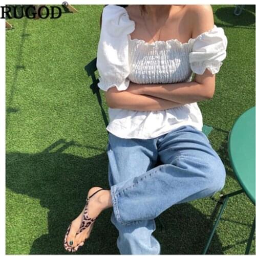 RUGOD 2020 New Summer Women Solid Pleated Shirt Square Collar Or Slash Neck Puff Sleeves Elastic Slim Blouse Korean Style Mujer