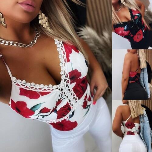2021 New Womens Lace Patchwork Camisoles, Sexy Sleeveless Deep V Neck Floral Print Cami Tops Fashion All-match