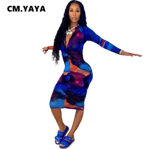 CM.YAYA Women Midi Dress Print Stacked Zipper Stand Collar Full Sleeve Stretchy Skinny Bodycon Dresses Vintage Vestidos Autumn