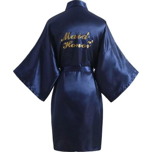 Women Navy Satin Kimono Maid of Honor Robes Wedding Party Getting Ready Robe with Gold Glitter