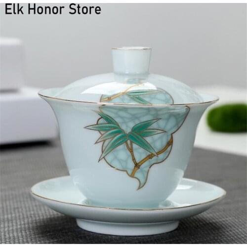 160ml Creative White Porcelain Gaiwan Ceramic Tureen Hand Make Pine Cypress Tea Bowl Cup with Lid Cover Saucer Kit Teacup Teaset