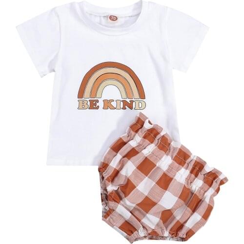 2021 0-24M Baby Girls Clothes Set Rainbow White Round Collar T-shirt and Plaid Printed Pattern Elastic Waist Shorts Summer 2pcs