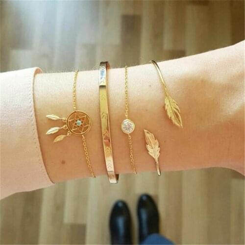 4 Pcs/ Set Gold Fashion Bracelet Leaves Arrow Adjustable Symmetrical Pattern Bangles For Women Wedding Party Gift Jewellery