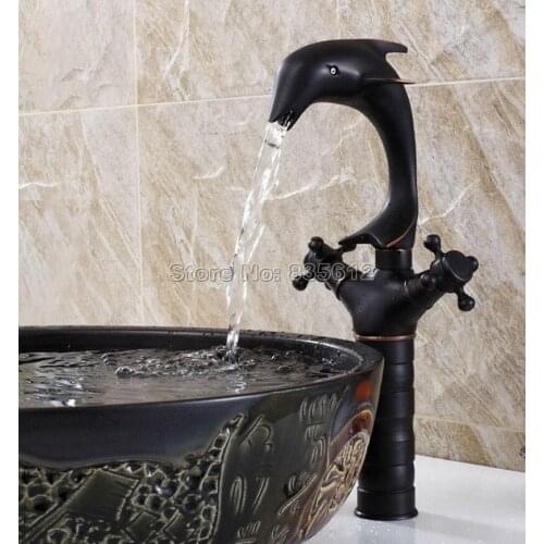 Black Oil Rubbed Bronze Deck Mounted Dolphin Model Style Bathroom Basin Mixer Tap / Swivel Spout Vessel Sink Faucets Wnf315