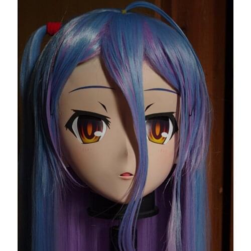 C2-014) Handmade Female Full Head Kigurumi Mask with Purple/Blue Hair Cosplay Kigurumi Crossdresser Halloween Fetish Masks
