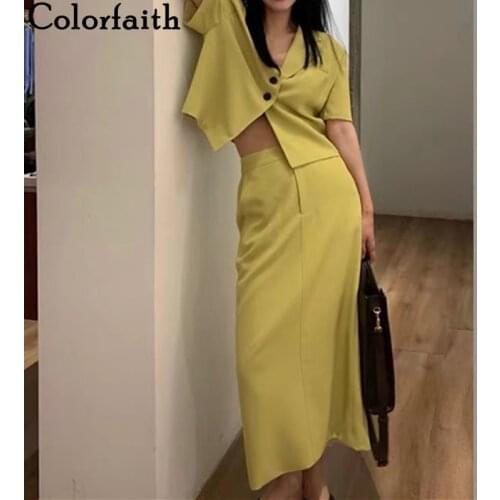 Colorfaith 2021 New Summer Women Sets 2 Piece Outfits Blazers Matching Long Skirt Office Lady Pockets Fashionable Suit WS8175