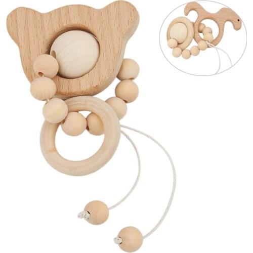 Baby Rattles Nursing Cartoon Animal Wooden Teether Chew Beads Teething Wood Rattles Toys Teether Montessori Toys