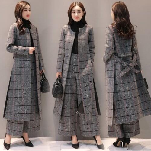 Womens Sets Woolen Plaid Pants suit 2 Piece Set Women Wide leg pants Suit Autumn Feminino Trench jacket Coat+pants 2 Piece Set