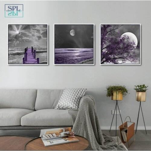 Purple Wooden Bridge Landscape Moon Decoration Painting Canvas Painting Art Print Poster Picture Wall Paintings Home Decor