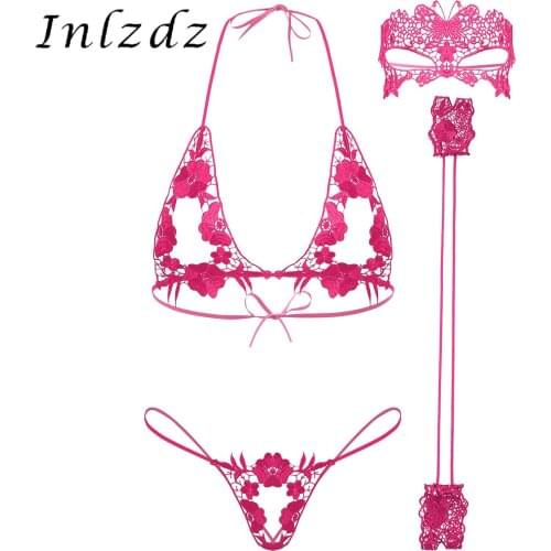 Womens Crotchless Lingerie Set Underwear Floral Embroidery Hollow Out Sleepwear Lace-up Bra G-string with Cuffs Eye-mask