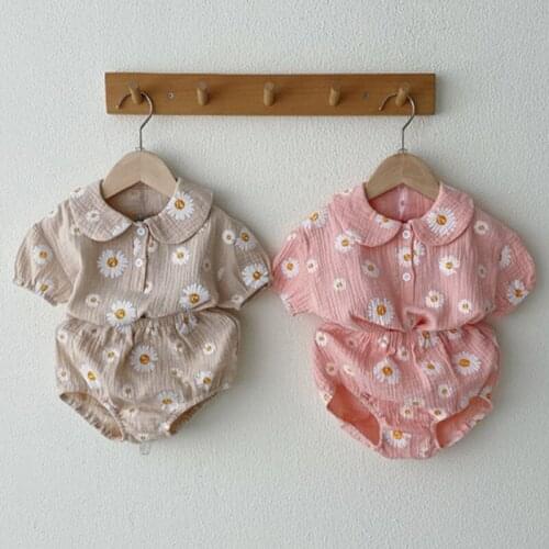 Girl Sets 2021 Infant Summer Baby Girl Clothing Suit Doll Collar Short Sleeve Daisy Shirt + Shorts Suit Kids Baby Girls Clothes