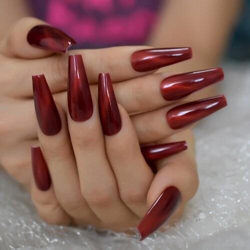 Red Long Sexy False Nail Tapered Cat Eyes Pearlescent Nail Art Salon Tips Ballerina Artificial Fingernails