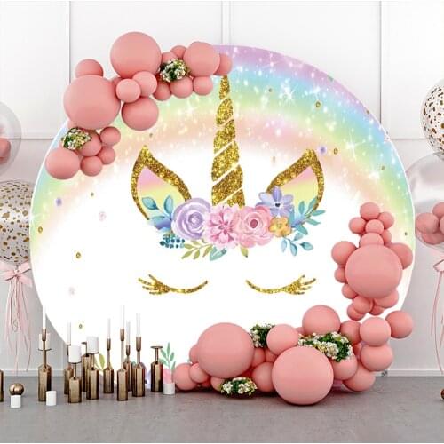Laeacco Sweet Unicorn Round Backdrop Circle Background For Newborn Baby Shower Birthday Party Customized Elastic Poster