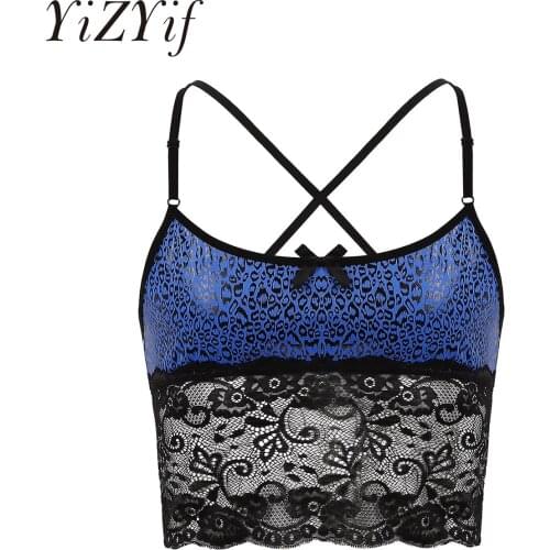 Mens Gay Erotic Bras Sissy Nightwear Tank Lingerie for Male Sexy Underwear Smooth Leopard Cross Back Lace Hem Strappy Bra Top