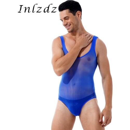 Mens Lingerie Transparent Teddies Costume Glossy Scoop Neck Sleeveless See-through Bodysuit Underwear Gay Male Playsuit Rompers