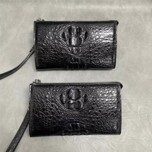 Exotic Real True Crocodile Skin Mens Small Black Clutch Bag ZIP Card Holders Genuine Alligator Leather Male Wristlet Purse