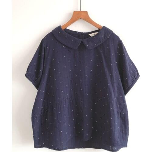 2020 New Summer Women Peter Pan Collar Shirt Fresh Print Double Cotton yarn Loose Short Sleeve Women Blouse