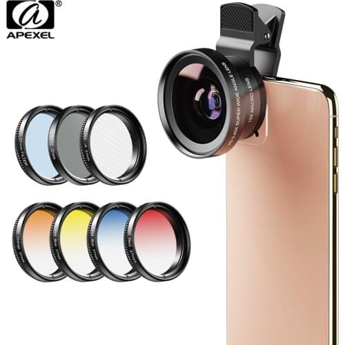 APEXEL 9IN1 phone lens Gradient Filter Kit 0.45x Wide Macro 37mm UV Grad Blue Red+CPL Star ND32 Filter Lens For Most Smartphones
