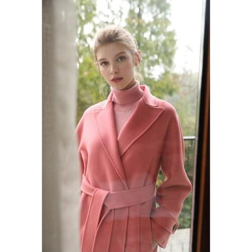 Hepburn pink double-sided cashmere coat womens medium long 2021 new small tweed coat waist closing winter
