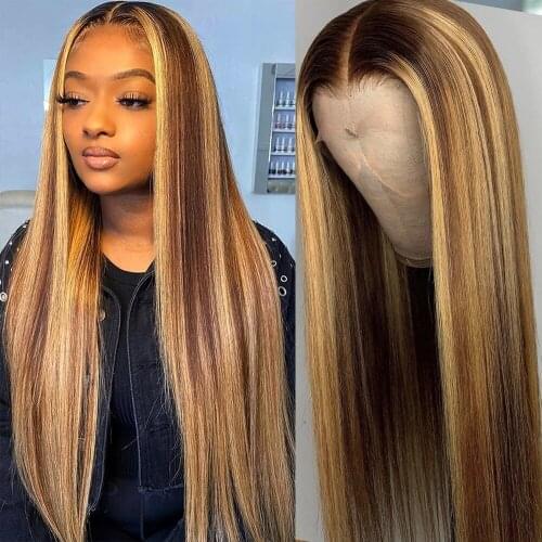 Human hair Straight Highlight Wig Malaysian Straight Human Hair Wigs 4/27 Ombre Honey Blonde Wig 13X4 Lace Front Human Hair Wigs