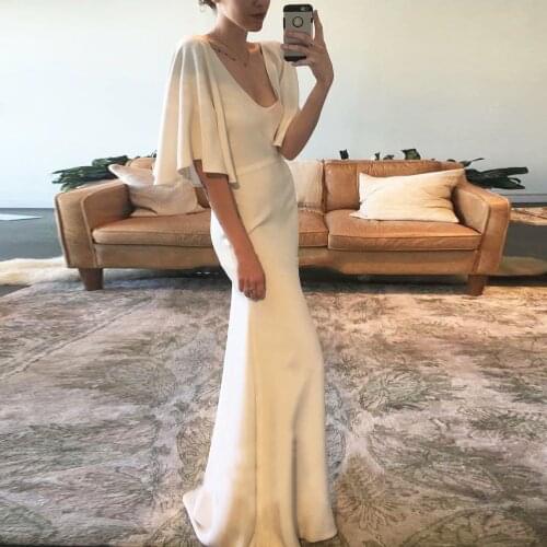 Simple Flutter Sleeves Mermaid Wedding Dresses Sexy V Neck Floor Length Formal Satin Bridal Gown Custom Made