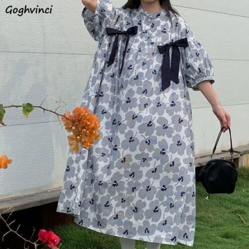 Short Sleeve Dress Women Bow Design Ulzzang Stylish Sweet Girlish Floral Cozy Loose Ankle Length Leisure Female Streetwear 2021