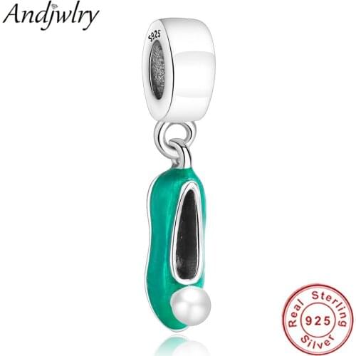 Bells Shoe Pendant Charms Green Enamel & White Pearls Fit Original Pandora Charms Bracelet Silver 925 Beads DIY Jewelry