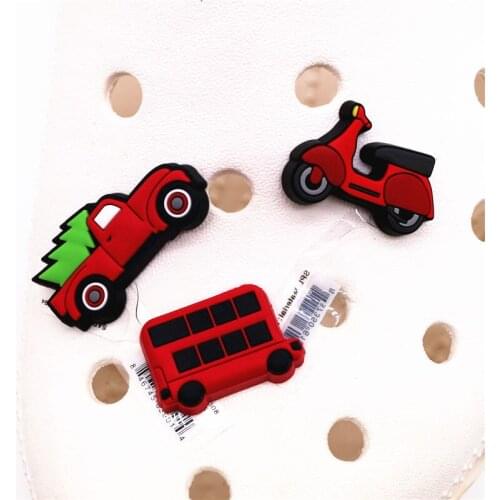 Drop Shipping Red Car Shoe Charms Accessories Cartoon Motorcycle Truck Bus PVC Sandals Buckle Decoration Fit Party Kids Gifts