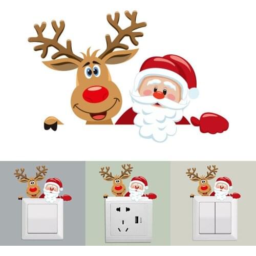 Christmas Wall Switch Sticker Decor Removable Stickers Cartoon Santa Elk Snowman Christmas Decor For Kids Room Home New Year