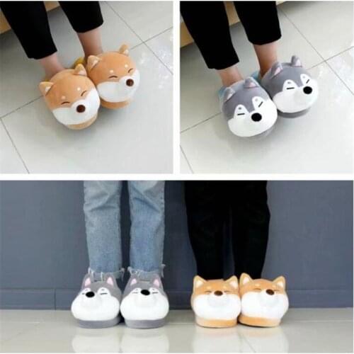 Cute Shiba Inu Cute Husky Cartoon Cotton Slippers Female Autumn And Winter Household wWarm Indoor Non-Slip Shoes Couple Slides