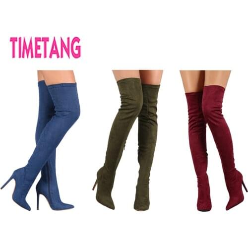 TIMETANG Women Boots Stretchy Suede Warm Winter Thigh High Long Boot Ladies Heels Pointed Toe Over The Knee Shoes Big Size 4-13