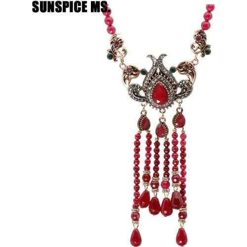 Turkish Natural Stone Beads Long Necklace Vintage Tassels Jewelry For Women Wedding Nigeria Beads Pendant Flower Choker 2018 New