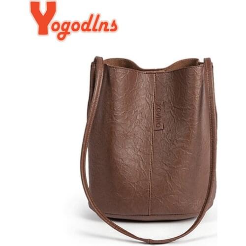 Yogodlns Vintage Shoulder Bag For Women PU Leather Bucket Bag Casual Handle Bag Large Capacity Brand Crossbody Bag Lady Handbag