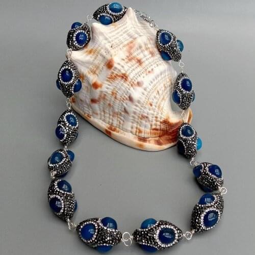 YYGEM wrap Rice Style blue agate trimmed with black rhinestone Pave choker Necklace 22" handmade for women