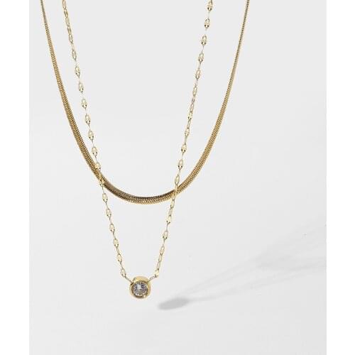 Women Stacking Snake Chain Choker Stainless Steel Jewelry 14K Gold Silver Double Layered Rhinestone Pendant Necklaces